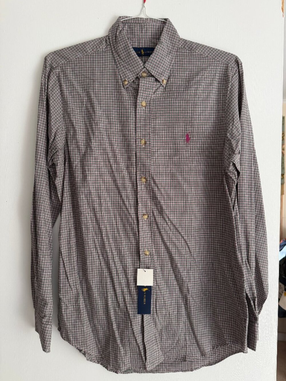 Ralph Lauren: Green, Pink and White Plaid Button-down Shirt; Size M; NWT